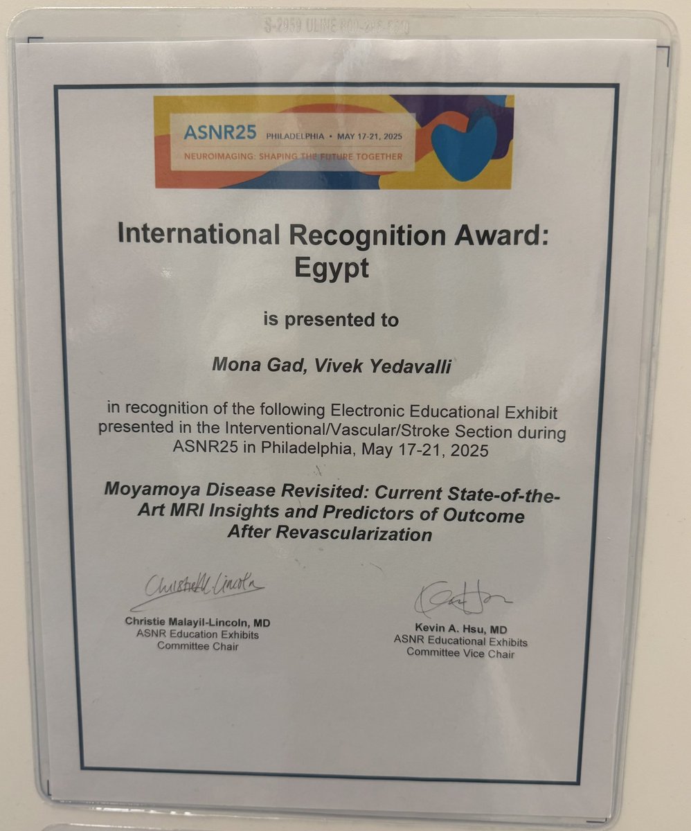 Mona Gad (@mona_gad_) on Twitter photo Grateful that our abstract <a href="/vsyedavalli/">Vivek Yedavalli, MD, MS, FAHA</a> has received two #ASNR25 educational exhibits awards: Certificate of Merit and International Recognition Award (Egypt🇪🇬).Thank you <a href="/TheASNR/">The American Society of Neuroradiology</a> for the awards and recognition! <a href="/Hopkins_Rad/">Johns Hopkins Radiology</a> <a href="/hopkinsneurorad/">Johns Hopkins Neuroradiology</a> Grateful that our abstract <a href="/vsyedavalli/">Vivek Yedavalli, MD, MS, FAHA</a> has received two #ASNR25 educational exhibits awards: Certificate of Merit and International Recognition Award (Egypt🇪🇬).Thank you <a href="/TheASNR/">The American Society of Neuroradiology</a> for the awards and recognition! <a href="/Hopkins_Rad/">Johns Hopkins Radiology</a> <a href="/hopkinsneurorad/">Johns Hopkins Neuroradiology</a>