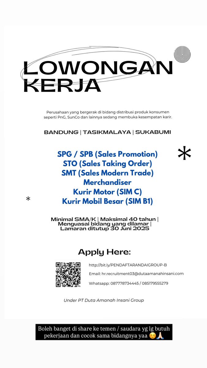 putriyuniani's tweet image. INFO LOKER Lowongan Kerja SERIUS , Tidak dipungut biaya apapun 🙏🏻 isi Gform nya dan tunggu panggilan interview 🙏🏻 #lokerbandung #infoloker #loker #lokertasikmalaya #lokersukabumi #lowongankerja