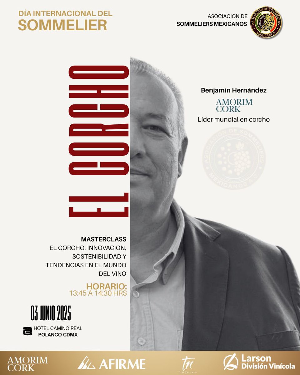 El corcho: innovación, sostenibilidad y tendencias en el mundo del vino. 

Acompaña a Benjamín Hernández de Amorim Cork, líder mundial en corcho, en esta masterclass exclusiva.

Día Internacional del Sommelier 2025.
🗓 03 de junio 2025
🎟 Accesos en asm-eventos.com