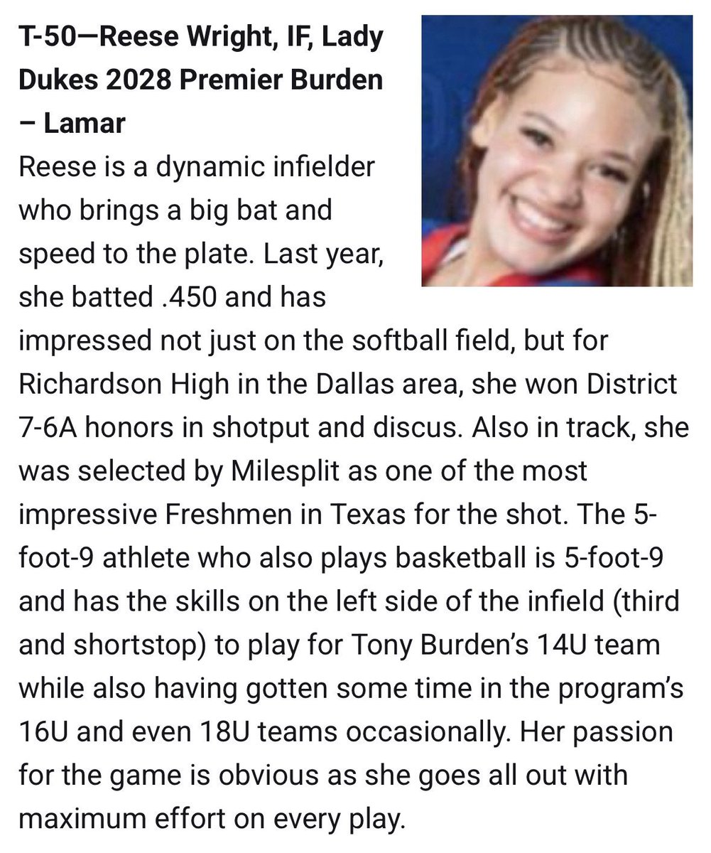 Reese Wright (@reesewright2028) on Twitter photo This is just the beginning… i’ve been ranked #50 by <a href="/LineDsoftball/">Line Drive Media</a> on the Hot 100 list for the class of 2028! God is good! Thank you to everyone that has given me support on my journey, the fight is not over yet! Many big things to come!
#WorkWhenNoOneIsWatching #NextLevel This is just the beginning… i’ve been ranked #50 by <a href="/LineDsoftball/">Line Drive Media</a> on the Hot 100 list for the class of 2028! God is good! Thank you to everyone that has given me support on my journey, the fight is not over yet! Many big things to come!
#WorkWhenNoOneIsWatching #NextLevel
