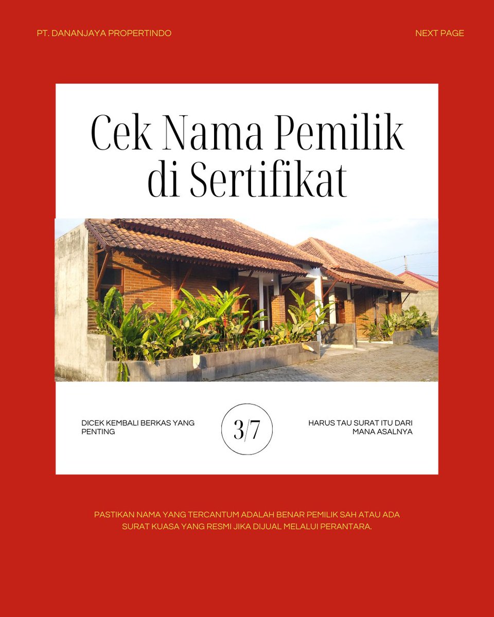 DananjayaPro_'s tweet image. 🏠 Mau beli rumah? Jangan asal deal!
Pastikan rumah incaran kamu sudah bersertifikat SHM (Sertifikat Hak Milik) Mulai dari keaslian sertifikat, nama pemilik, hingga status tanah dan legalitasnya.
SHM = legalitas paling kuat 
#TipsProperti #SertifikatSHM #DananjayaPropertindo