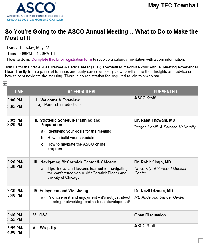 Nazli Dizman (@nazlidizman) on Twitter photo 🚨Mark your calendars for the <a href="/ASCOTECAG/">ASCO TECAG</a> town hall on ways to navigate #ASCO25! From logistics, to intentional planning and to enjoyment!
💫"So You’re Going to the ASCO Annual Meeting… What to Do to Make the Most of It"
📅 Thu 5/22 3-4 pm ET
👉Register tinyurl.com/33bbtkzj 🚨Mark your calendars for the <a href="/ASCOTECAG/">ASCO TECAG</a> town hall on ways to navigate #ASCO25! From logistics, to intentional planning and to enjoyment!
💫"So You’re Going to the ASCO Annual Meeting… What to Do to Make the Most of It"
📅 Thu 5/22 3-4 pm ET
👉Register tinyurl.com/33bbtkzj