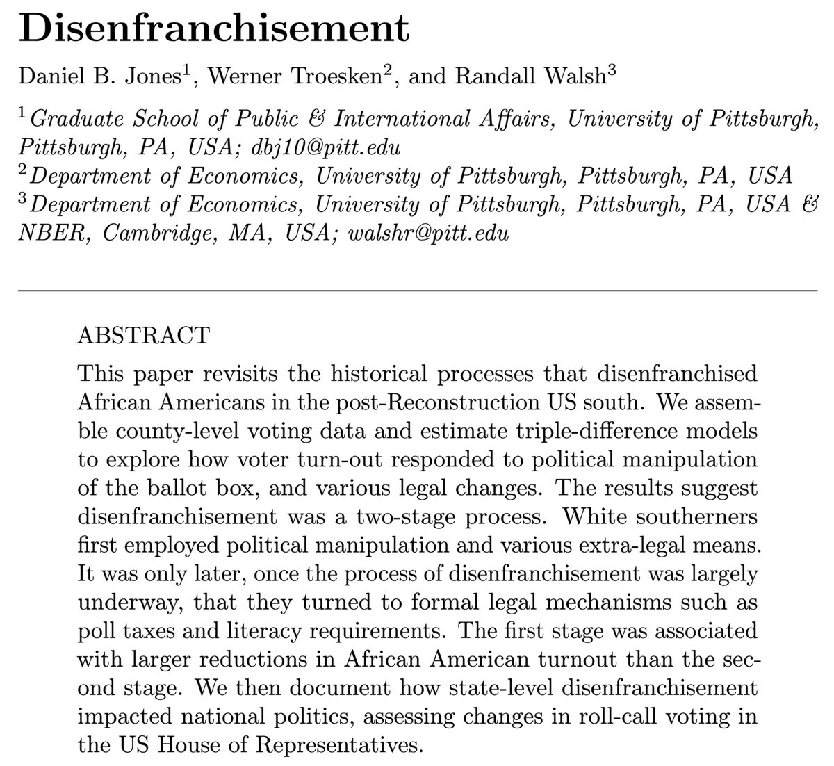JHPE_journal's tweet image. New in @JHPE_journal: @econtrout & coauthors revisit the historical processes that disenfranchised African Americans in the post-Reconstruction US south. nowpublishers.com/article/Detail…