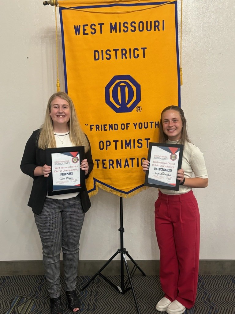 Tessa Mayne and Faye Hornickel competed in the Western Missouri District Optimist Speech contest. They faced tough competition against many high schoolers. Tessa won the western district and will compete at the next level in St. Louis! Well done, ladies! Congratulations, Tessa!