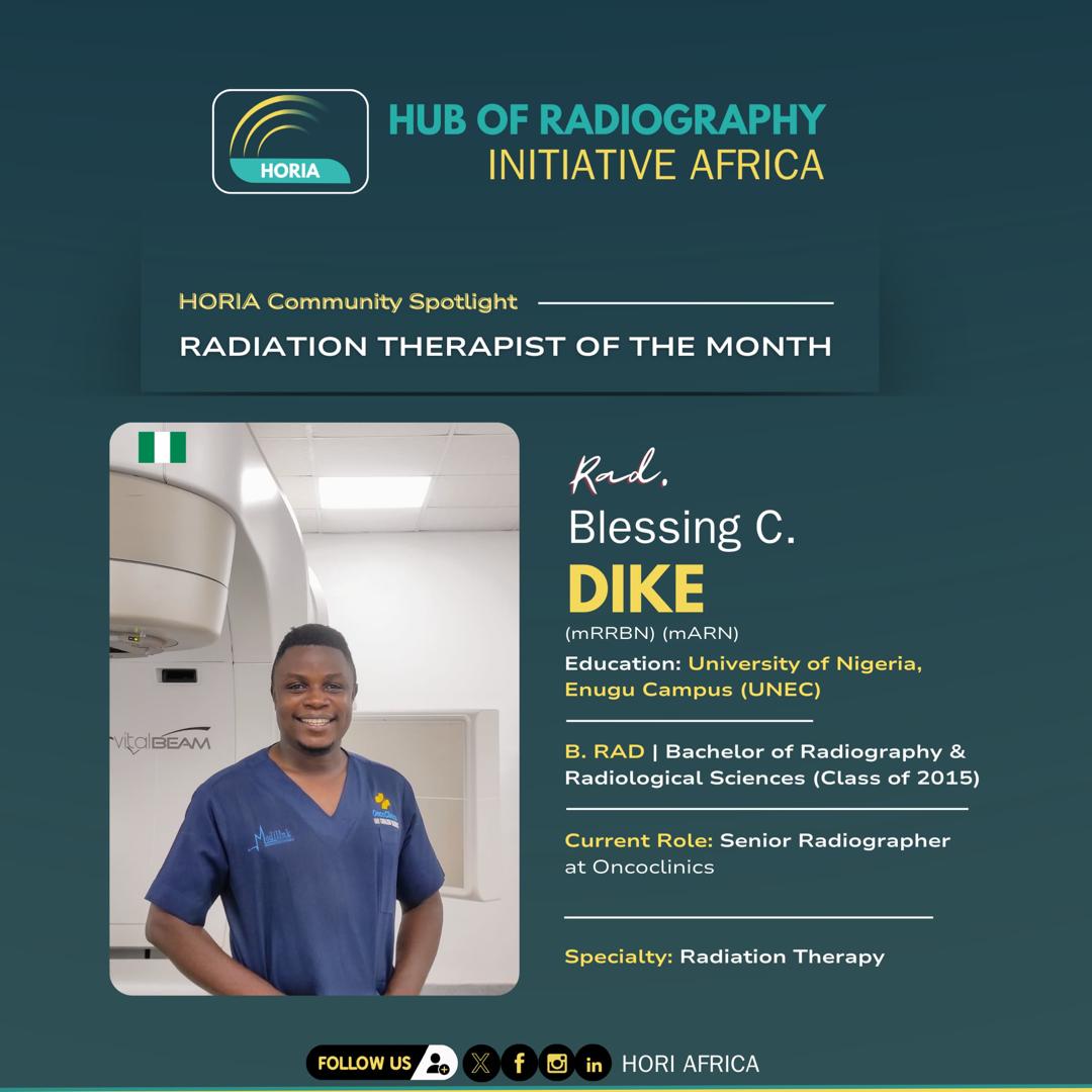 RADIATION THERAPIST OF THE MONTH 

HORI AFRICA proudly awards Rad. Dike Chinazom Blessing for outstanding dedication to Oncoclinics - University of Nigeria Teaching Hospital crowns him the Radiation Therapist for the Month of April, 2025 💥

 #spotlightBlessing  #radiotherapist