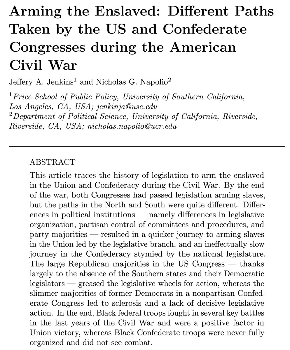 JHPE_journal's tweet image. New in @JHPE_journal: @jaj7d & @NicholasNapolio trace the history of legislation to arm the enslaved in the Union and Confederacy during the Civil War. nowpublishers.com/article/Detail…