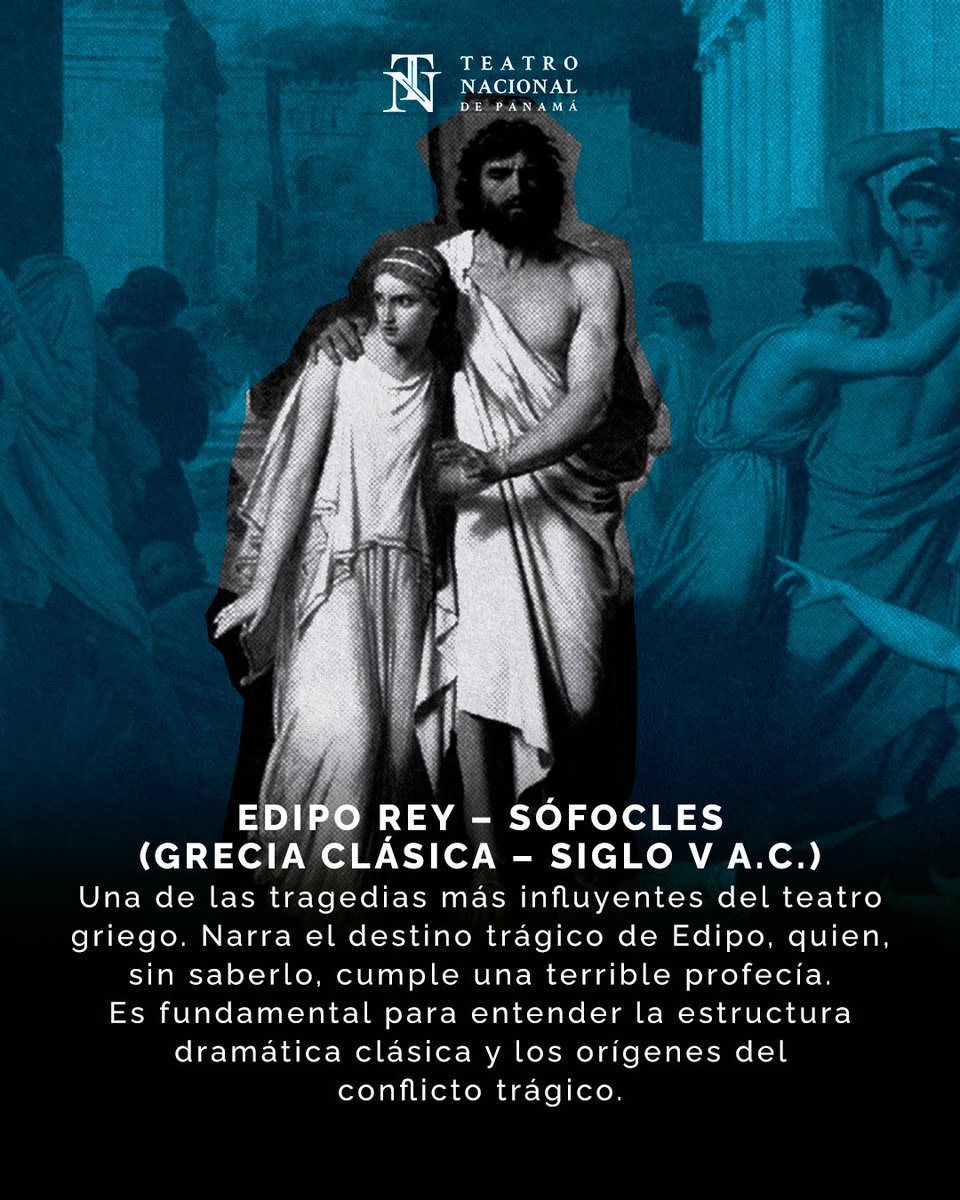 1/7 Hoy te compartimos 5 obras que debes ver alguna vez en la vida 🎭

1. Edipo Rey – Sófocles (Grecia Clásica – siglo V a.C.)
Una de las tragedias más influyentes del teatro griego. Narra el destino trágico de Edipo, quien, sin saberlo, cumple una terrible profecía.