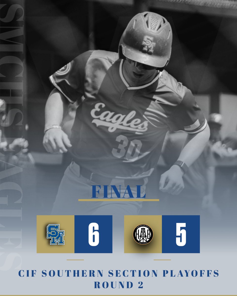 SMCHSBaseball (@smchsbaseball) on Twitter photo Eagles (18-12) win CIF SS Round 2! Eagles will host Round 3 against Los Alamitos on Friday @ 3:15
WP- #brennanbauer 4.1 IP | 4 K
#carterenoch 1-2 | HR | BB
#chasemarlow 2-4 | 2 1B | 1 RBI
#warrengravelyiv 1-3 | 2B | 2 RBI
#wingmen #wearesm
<a href="/SMCHSEagles/">SANTA MARGARITA Catholic High School</a>
<a href="/SMCHSAthletics/">SMCHS Athletics</a> Eagles (18-12) win CIF SS Round 2! Eagles will host Round 3 against Los Alamitos on Friday @ 3:15
WP- #brennanbauer 4.1 IP | 4 K
#carterenoch 1-2 | HR | BB
#chasemarlow 2-4 | 2 1B | 1 RBI
#warrengravelyiv 1-3 | 2B | 2 RBI
#wingmen #wearesm
<a href="/SMCHSEagles/">SANTA MARGARITA Catholic High School</a>
<a href="/SMCHSAthletics/">SMCHS Athletics</a>