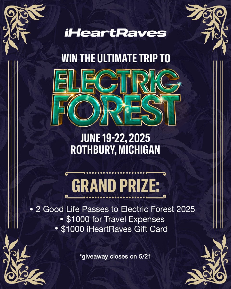 ⚡️🌲 WIN A TRIP TO ELECTRIC FOREST! ⚡️🌲⁠
enter to win 2 good life passes to <a href="/Electric_Forest/">Electric Forest ⚡🌲</a>, $1,000 in travel expenses and a $1,000 iHeartRaves gift card! 🔮✨ ⁠
⁠
ENTER:⁠
🏕 follow <a href="/iheartraving/">iHeartRaves</a> &amp; @electric_forest⁠
🏕 bit.ly/429eDYh
🏕 giveaway closes on 5/21⁠