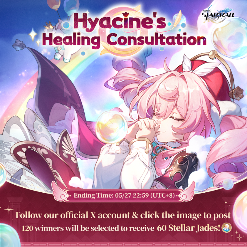 honkaistarrail's tweet photo. #HyacineHeals

Head healer of the Twilight Courtyard, dedicated to caring for everyone she meets
#Hyacine rate-up begins!

Would you like to share your burdens with me?

Click the image below to post
You will instantly receive a reply from Hyacine!🎁

#HonkaiStarRail