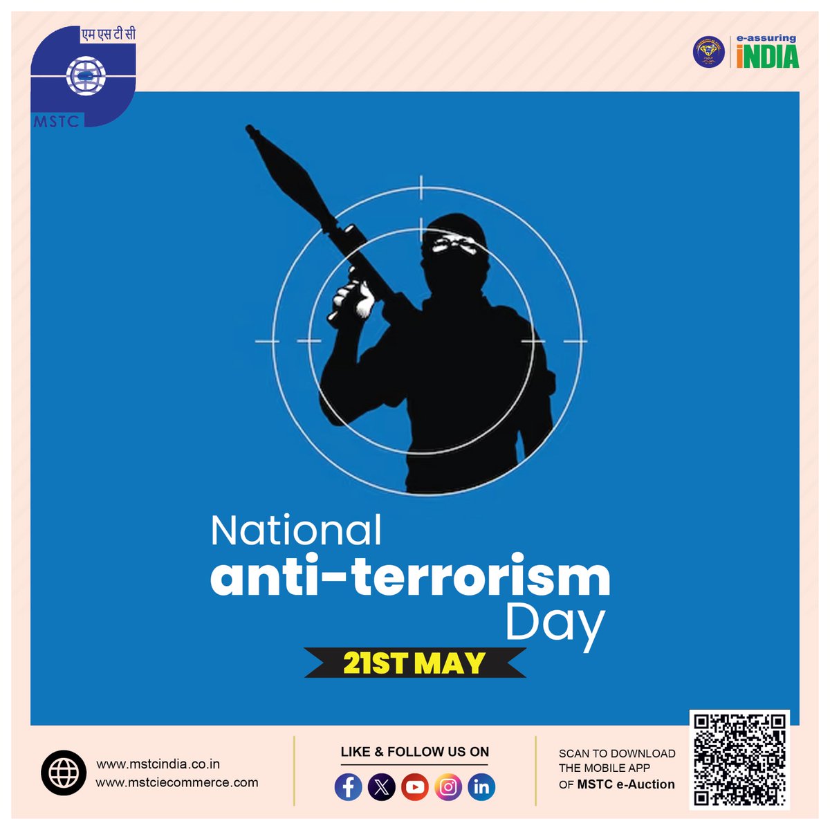 mstcindia's tweet photo. On Anti-Terrorism Day, MSTC Ltd honours the brave and stands for peace, unity, and national integrity. Together, let's build a future where peace triumphs over fear.

@SteelMinIndia @hd_kumaraswamy @BjpVarma @PibSteel 

#AntiTerrorismDay #UnitedForPeace #PeaceOverFear #NationalIntegrity #SayNoToTerror #MSTC