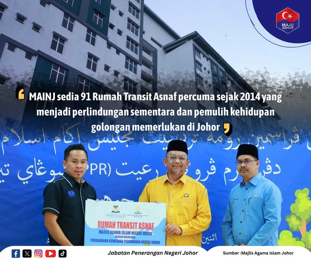 japenjohor's tweet photo. #InfoOnScreen: Sejak 2014, Majlis Agama Islam Negeri Johor (MAINJ) menyediakan 91 unit Rumah Transit Asnaf sebagai perlindungan sementara kepada individu dan keluarga yang berdepan kesukaran mendapatkan tempat tinggal.
#MajuJohor #MalaysiaMADANI https://t.co/FwRBiqRQIp
