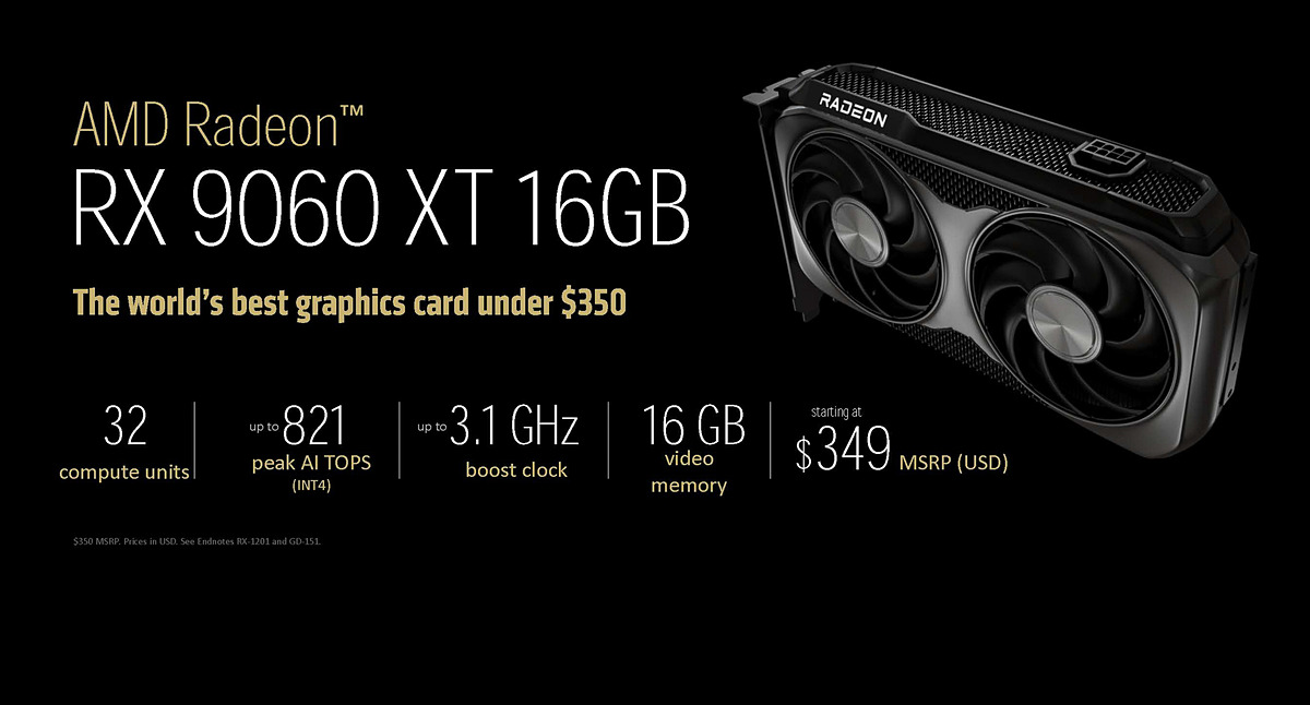 pc_watch's tweet photo. RTX 5060 Tiにコスパで圧倒！VRAM 16GBで349ドルの「Radeon RX 9060 XT」6月5日発売 https://t.co/CkMuinJIug https://t.co/n0ggS5qRbQ
