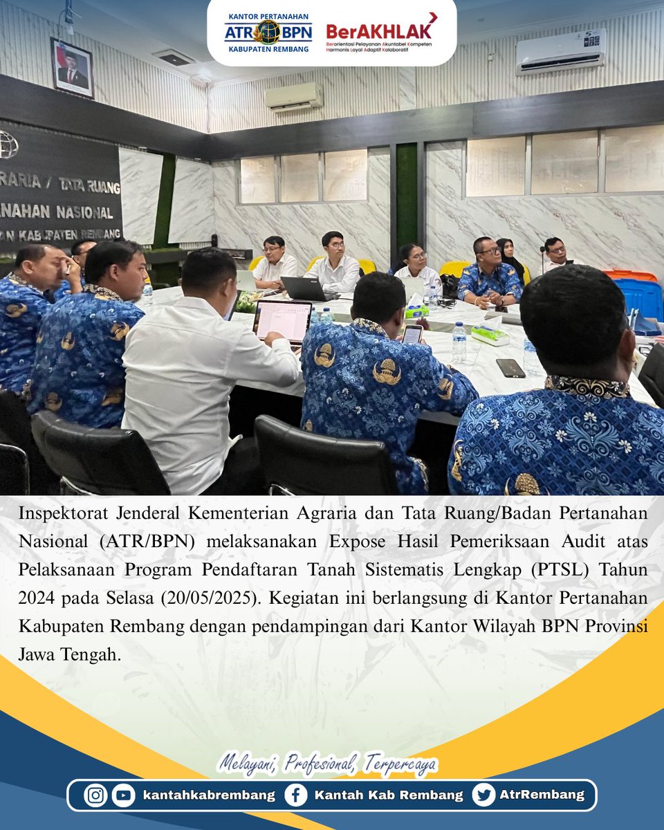 AtrRembang's tweet photo. Halo #SobATRBPN Rembang,
Inspektorat Jenderal Kementerian Agraria dan Tata Ruang/Badan Pertanahan Nasional (ATR/BPN) melaksanakan Expose Hasil Pemeriksaan Audit atas Pelaksanaan Program Pendaftaran Tanah Sistematis Lengkap (PTSL) Tahun 2024 pada Selasa (20/05/2025).
#PTSL https://t.co/A8559lzvrS