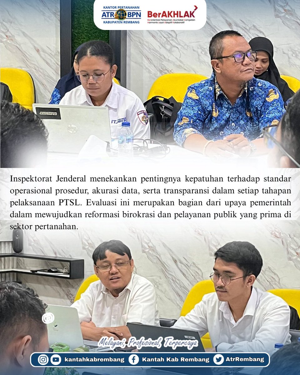 AtrRembang's tweet photo. Halo #SobATRBPN Rembang,
Inspektorat Jenderal Kementerian Agraria dan Tata Ruang/Badan Pertanahan Nasional (ATR/BPN) melaksanakan Expose Hasil Pemeriksaan Audit atas Pelaksanaan Program Pendaftaran Tanah Sistematis Lengkap (PTSL) Tahun 2024 pada Selasa (20/05/2025).
#PTSL https://t.co/A8559lzvrS