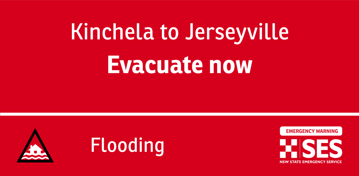 NSWSES's tweet photo. The NSW SES is directing people in the following area(s) to EVACUATE NOW due to minor to moderate flooding:
- Kinchela to Jerseyville
EMERGENCY WARNING
Next update: Wednesday 21 May 4:30 pm
Find out more: https://t.co/oxlAqKgtGF
#NSWSES #MacleayRiver https://t.co/Nhn3HZPYgQ