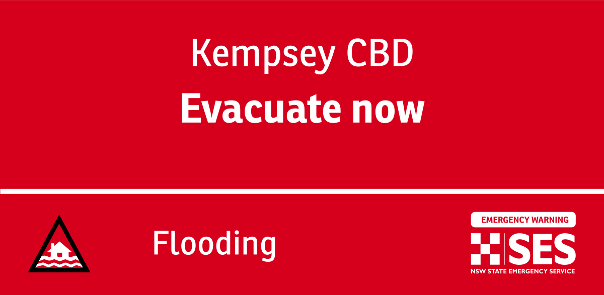 NSWSES's tweet photo. The NSW SES is directing people in the following area(s) to EVACUATE NOW due to Moderate to potential major flooding:
- Kempsey CBD
EMERGENCY WARNING
Next update: Wednesday 21 May 5:00 pm
Find out more: https://t.co/Aq0W6NS0Hz
#NSWSES #MacleayRiver https://t.co/rIXx72kuay
