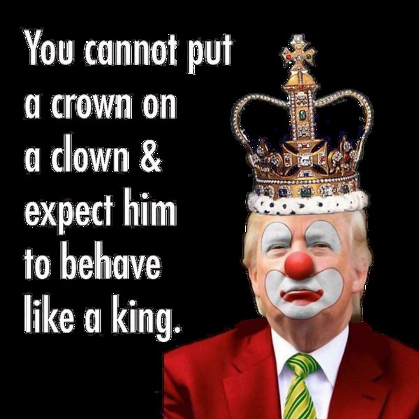 Who are you talking about?
"Clown Prince Trump", 
so free speech is finished?
If it walks like a clown, talks like a clown, looks like a clown, it's probably a clown 🤡