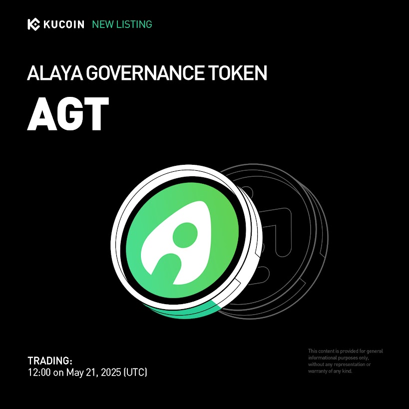 📢 New Listing: <a href="/Alaya_AI/">Alaya_AI</a> $AGT is coming soon to #KuCoin!

Alaya Governance Token fuels the Alaya AI platform, offering decentralized data sampling and auto-labelling AI infrastructure through Web3 communities.

📅 Trading starts: May 21, 2025 at 12:00 (UTC)
💰 Deposits now