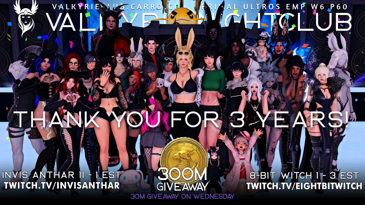 Valkyrie Nightclub (@valkyrieclubxiv) on Twitter photo Thank you all for 3 years of VALKYRIE! 30M 🪙 giveaway for the anniversary eve!
🕚 TIME: Wednesday 11PM EST
➡️ LOCATION: Primal Ultros Emp W6 P60
🎚️🎛️ DJ LINE-UP (times in EST):
11PM - 1AM | twitch.tv/invisanthar | @invisanthar
1 - 3 | twitch.tv/eightbitwitch | <a href="/Goth_Catte/">⛧ DJ 8-Bit - Suze Spellbound ⛧</a> Thank you all for 3 years of VALKYRIE! 30M 🪙 giveaway for the anniversary eve!
🕚 TIME: Wednesday 11PM EST
➡️ LOCATION: Primal Ultros Emp W6 P60
🎚️🎛️ DJ LINE-UP (times in EST):
11PM - 1AM | twitch.tv/invisanthar | @invisanthar
1 - 3 | twitch.tv/eightbitwitch | <a href="/Goth_Catte/">⛧ DJ 8-Bit - Suze Spellbound ⛧</a>