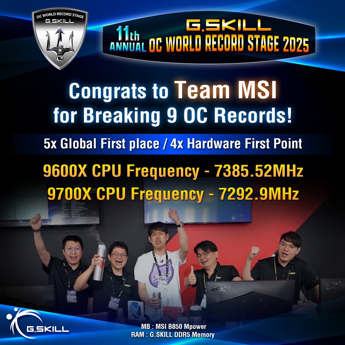 G.SKILL (@gskillgaming) on Twitter photo Congrats to <a href="/msigaming/">MSI Gaming</a> overclockers for breaking multiple OC records in the G.SKILL booth at #computex2025 Congrats to <a href="/msigaming/">MSI Gaming</a> overclockers for breaking multiple OC records in the G.SKILL booth at #computex2025