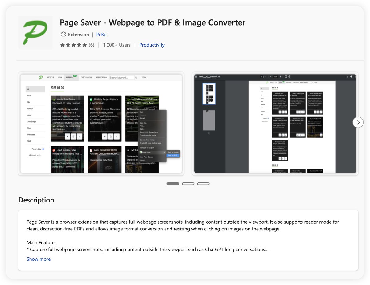 PixelstechNet's tweet image. Very happy to share that Page Saver has more than 1000 users on Edge now. This is a key milestone for us since launch. Looking forward to seeing the next 10K and more users joining us. 🙏 #pagesaver #OCR 
microsoftedge.microsoft.com/addons/detail/…