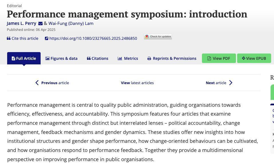 📰 New Article Alert 📰 &amp; Open Access: "Performance management symposium: introduction" by James Perry and Wai-Fung (Danny) Lam. 
This symposium will be published in June this year. For an early preview, see buff.ly/blfzjxn