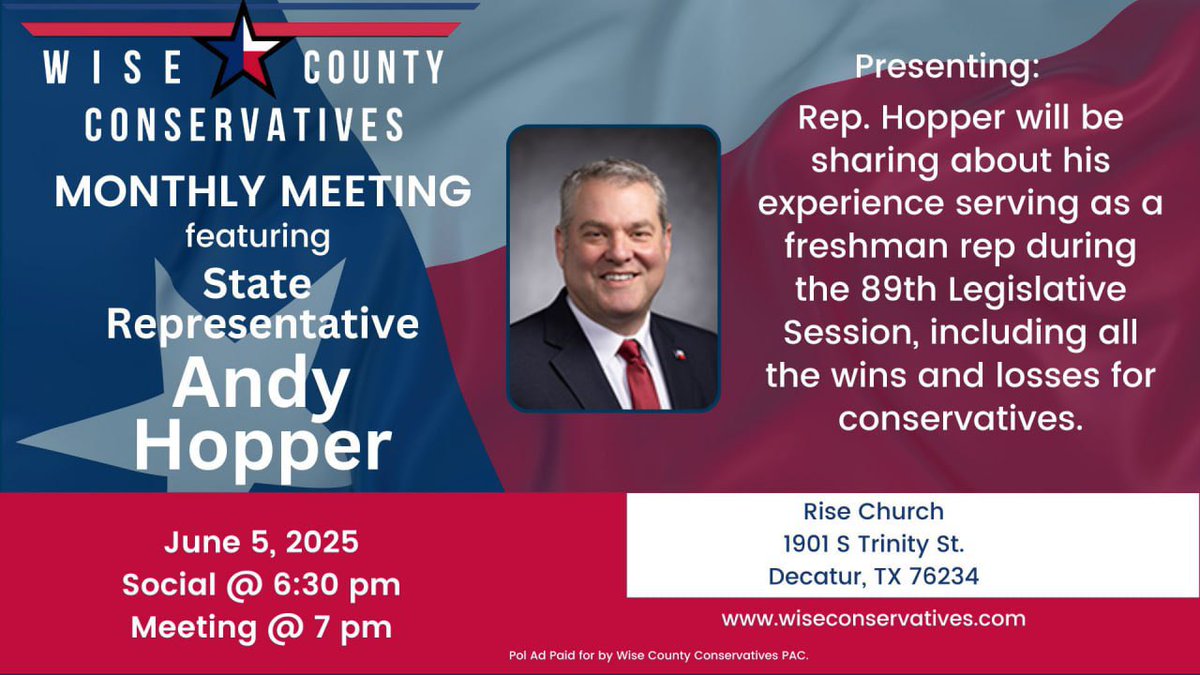WCC_Texas's tweet image. The 89th Legislative Session wraps up in under 2 weeks. Mark your calendar to join us June 5th for a recap from Rep. @AndyHopperTX .
