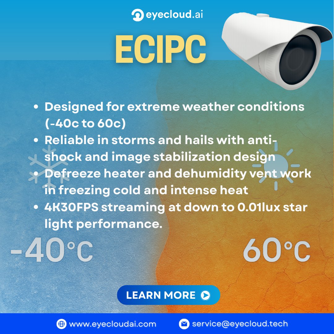 eyecloudai's tweet photo. 📸 The ECIPC industrial camera is here! Designed for extreme weather (-40°C to 60°C), with anti - shock and image stabilization, reliable in storms and hails. Defreeze heater and dehumidity vent handle extreme temperatures. 
#ECIPCIndustrialCamera #ExtremeWeatherPerformance https://t.co/ksFXJZK13q
