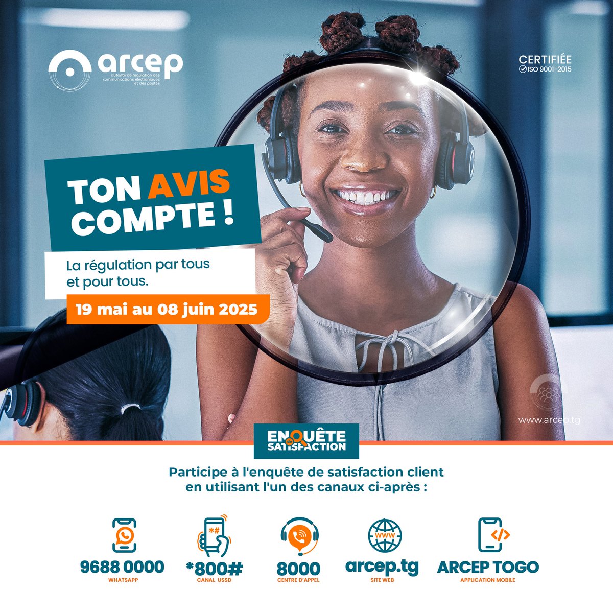 L'ARCEP lance une enquête de satisfaction client à travers les canaux ci-après:
➡️ USSD:  *800#
➡️ Appel au numéro 8000
➡️WhatsApp :96880000
➡️ Application mobile &lt;&lt;ARCEP TOGO&gt;&gt; sur Play store
➡️ Web: arcep.tg
#régulationparladonnée #enquêtedesatisfaction 
<a href="/YasTogo/">Yas Togo</a>