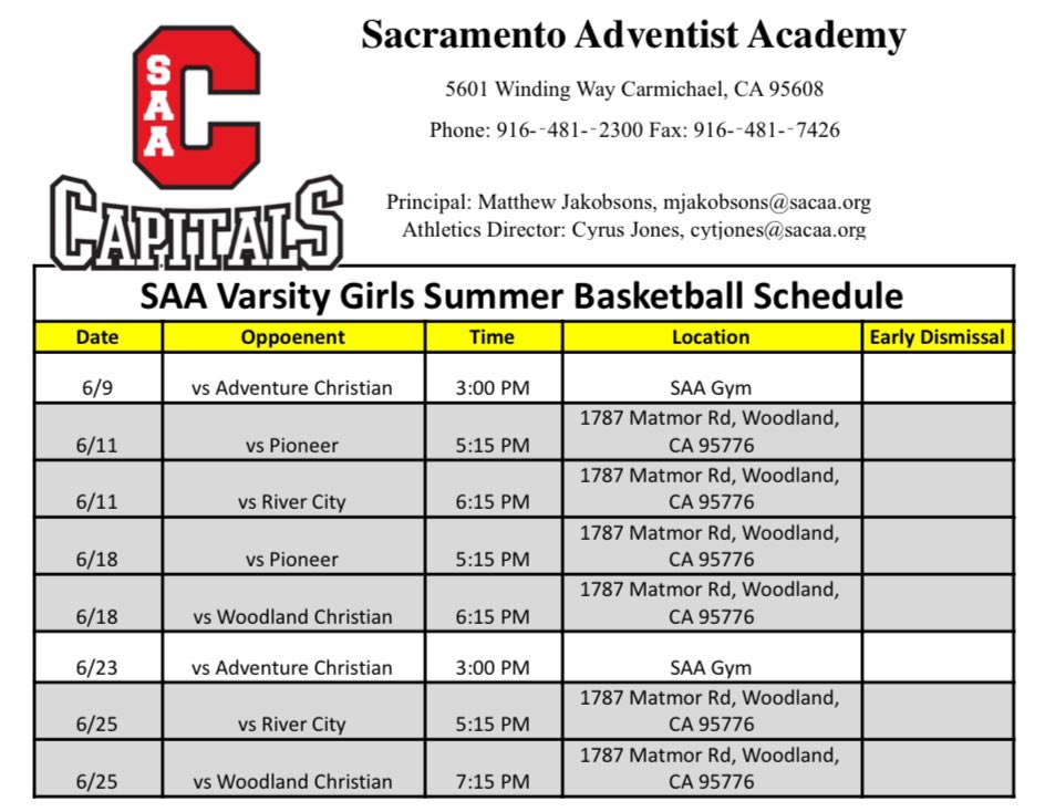 Sac Adventist Girls Basketball (@saa_capitals) on Twitter photo Sac Adventist girls hoops summer schedule for June is here! Capitals play eight games including two against 2025 <a href="/CIFState/">CIF State</a> D5 champion Woodland Christian. <a href="/SacBee_JoeD/">Joe Davidson</a> <a href="/PremierPrepsNMP/">Nick Pecoraro</a> <a href="/WCPSacramento/">West Coast Preps Sacramento</a> <a href="/heykevinjohn/">Kevin John</a> <a href="/andrewmarden/">Andrew Marden</a> <a href="/A2J15/">Aaron Jackson</a> <a href="/J_Georgeson26/">Jordan Georgeson</a> <a href="/ABCJAMPro/">ABC JAM Productions</a> <a href="/wchsgirlshoops/">wchsgirlshoops</a> Sac Adventist girls hoops summer schedule for June is here! Capitals play eight games including two against 2025 <a href="/CIFState/">CIF State</a> D5 champion Woodland Christian. <a href="/SacBee_JoeD/">Joe Davidson</a> <a href="/PremierPrepsNMP/">Nick Pecoraro</a> <a href="/WCPSacramento/">West Coast Preps Sacramento</a> <a href="/heykevinjohn/">Kevin John</a> <a href="/andrewmarden/">Andrew Marden</a> <a href="/A2J15/">Aaron Jackson</a> <a href="/J_Georgeson26/">Jordan Georgeson</a> <a href="/ABCJAMPro/">ABC JAM Productions</a> <a href="/wchsgirlshoops/">wchsgirlshoops</a>