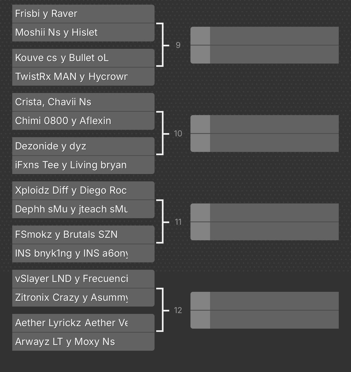 Amigos del torneo así está la bracket 

El torneo será este sábado 24

Por favor revisen que al menos 1 miembro esté dentro del discord para que puedan leer las reglas y como se hará el torneo