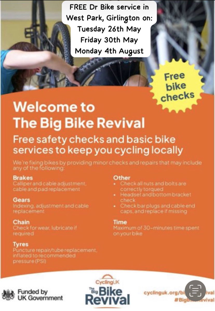 Mumtaz Khan (@onnajujitsuclub) on Twitter photo FREE Dr Bike services will take place in West Park, Girlington thanks to funding and support from <a href="/WeAreCyclingUK/">Cycling UK</a> <a href="/CyclingUK_NW/">Cycling UK North West</a> <a href="/OnnaBike/">Mumtaz Khan</a>. Bikes need to be registered between 10am - 12noon to allow time for repairs. 1 adult email address required per bike repaired - thank you. FREE Dr Bike services will take place in West Park, Girlington thanks to funding and support from <a href="/WeAreCyclingUK/">Cycling UK</a> <a href="/CyclingUK_NW/">Cycling UK North West</a> <a href="/OnnaBike/">Mumtaz Khan</a>. Bikes need to be registered between 10am - 12noon to allow time for repairs. 1 adult email address required per bike repaired - thank you.