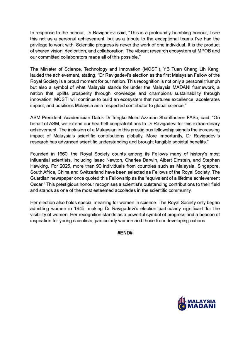 A monumental achievement for the Malaysian scientific community! Congratulations to Dr Ravigadevi Sambanthamurthi FASc on her election as a Fellow of the Royal Society. This historic recognition marks the first time a Malaysian has been honoured with this distinction since the