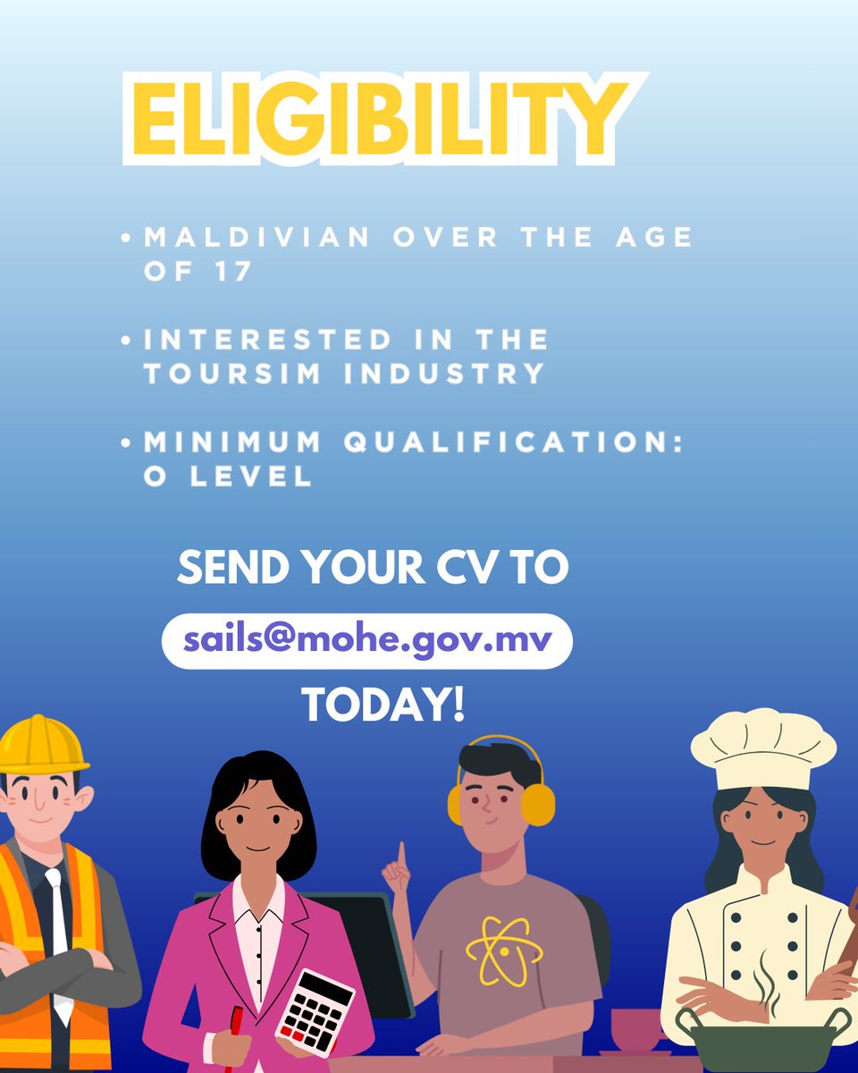SAILS Project (@sailsprojectmv) on Twitter photo More apprenticeship opportunities available now! Send your CV to us today!
<a href="/ncsgovmv/">National Careers Service</a>
<a href="/MoHEmv/">Min. of Higher Edu, Labour and Skills Development</a> More apprenticeship opportunities available now! Send your CV to us today!
<a href="/ncsgovmv/">National Careers Service</a>
<a href="/MoHEmv/">Min. of Higher Edu, Labour and Skills Development</a>