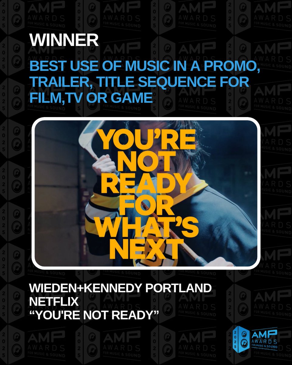 🎉 Congratulations to @wiedenkennedy and <a href="/netflix/">Netflix</a> on winning the 2025 AMP Award for Best Use of Music in a Promo, Trailer, Title Sequence for Film,TV or Game, Sponsored by <a href="/APMMusic/">APM Music</a>, for their work on “You’re Not Ready”! 🏆📺

#Netflix #MusicForTrailers #2025AMPAwards