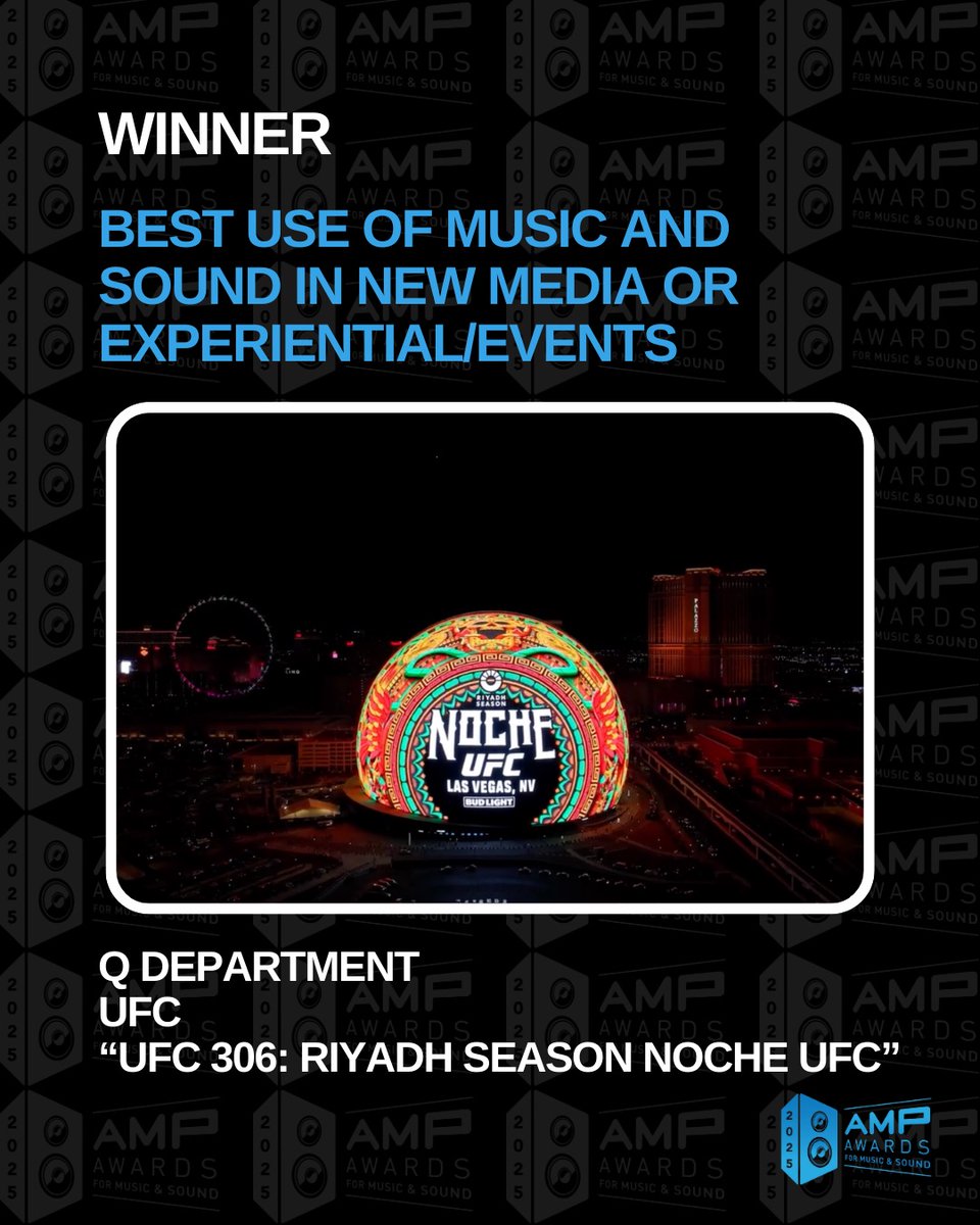 🎉 Congratulations to @QDepartmentStudios and @UFC on winning the 2025 AMP Award for Best Use of Music and Sound in New Media or Experiential/Events for their work on “UFC 306: Riyadh Season Noche UFC”! 🏆🥊

#MusicExperiential #SoundExperience #UFC #2025AMPAwards