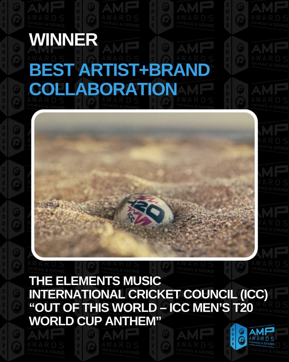 🎉 Congratulations to @The_Elements_Music and <a href="/ICC/">ICC</a> on winning the 2025 AMP Award for Best Artist+Brand Collaboration, Sponsored and Presented by @MarmosetMusic,  for their work on “Out of This World – ICC Men’s T20 World Cup Anthem”! 🏆🏏

#ICC #ArtistBrandCollab #2025AMPAwards