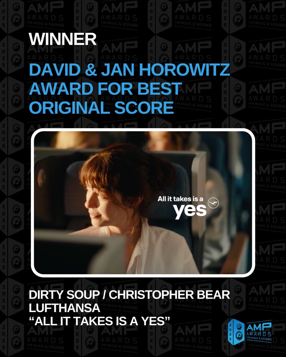 🎉 Congratulations to @dirtysoupmusic, <a href="/crbear/">christopher bear</a> and <a href="/lufthansa/">Lufthansa</a> on winning the 2025 AMP Award for David &amp; Jan Horowitz Award for Best Original Score for their work on “All It Takes is A Yes”! 🏆✈️

#Lufthansa #OriginalScore #2025AMPAwards