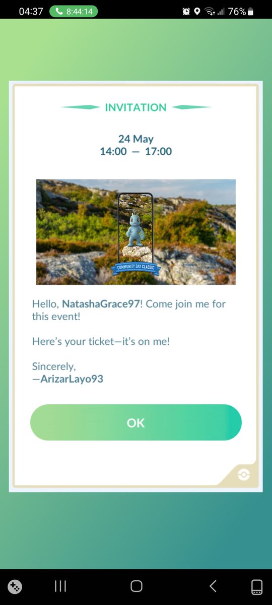 NatashaGrace97's tweet photo. I haven't posted for a while but I wanted to say thank you to @ArizarLayo for gifting me an event ticket. Means a lot and will deffo make use of it! Thank you dude😊😭 #PokemonGO #PokemonGOApp https://t.co/7GltTas0c8