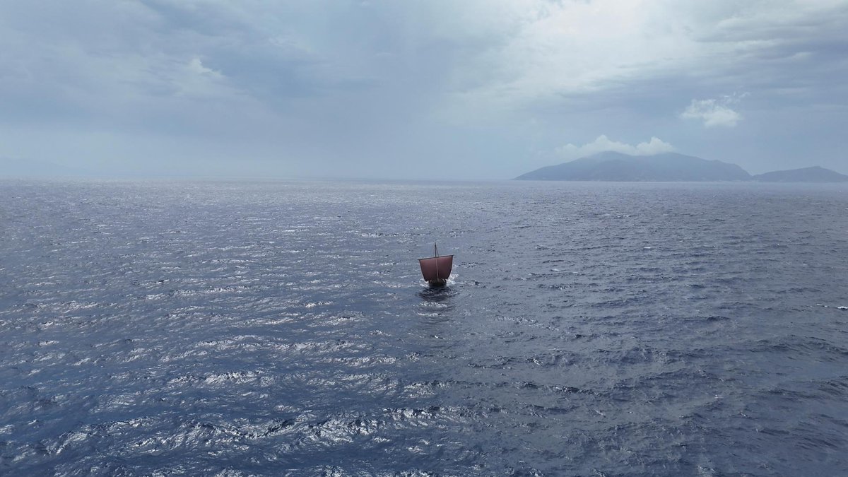 Saga Farmann, a replica viking ship is sailing in the Mediterranean.