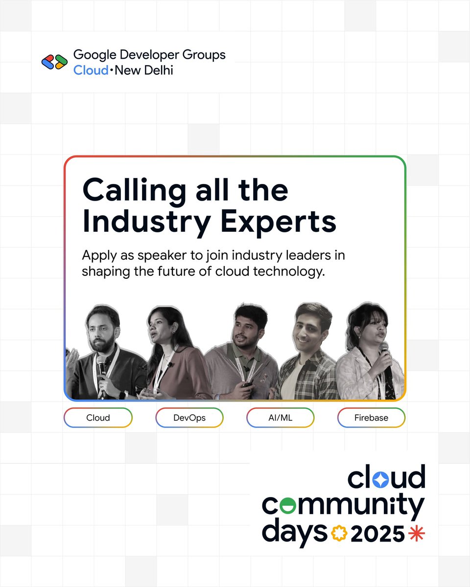 🎤Join us at  #GCCD 2025 – GDG Cloud New Delhi ☁️🔥
Bring your energy, ideas, and stories to a crowd of passionate developers and cloud enthusiasts!

📅 Date: 28th June 2025

📝 Apply now to speak: commudle.com/fill-form/3463

#GDGCloudNewDelhi #GCCDDilli2025