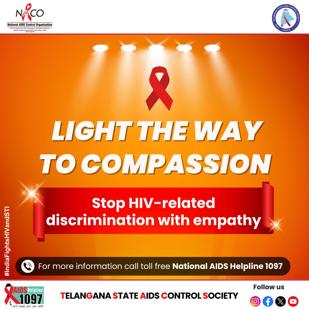 TGSACS1's tweet image. 🛑 Stop HIV-related Discrimination
Let’s replace fear with empathy.
Let’s replace judgment with compassion.

#StopTheStigma #IndiaFightsHIV #HIVAwareness #EndHIVStigma #1097Helpline #EmpathyHeals #ZeroDiscrimination #HealthForAll #KnowYourStatus #SpeakUpForHIV #HIVSupport @hiv