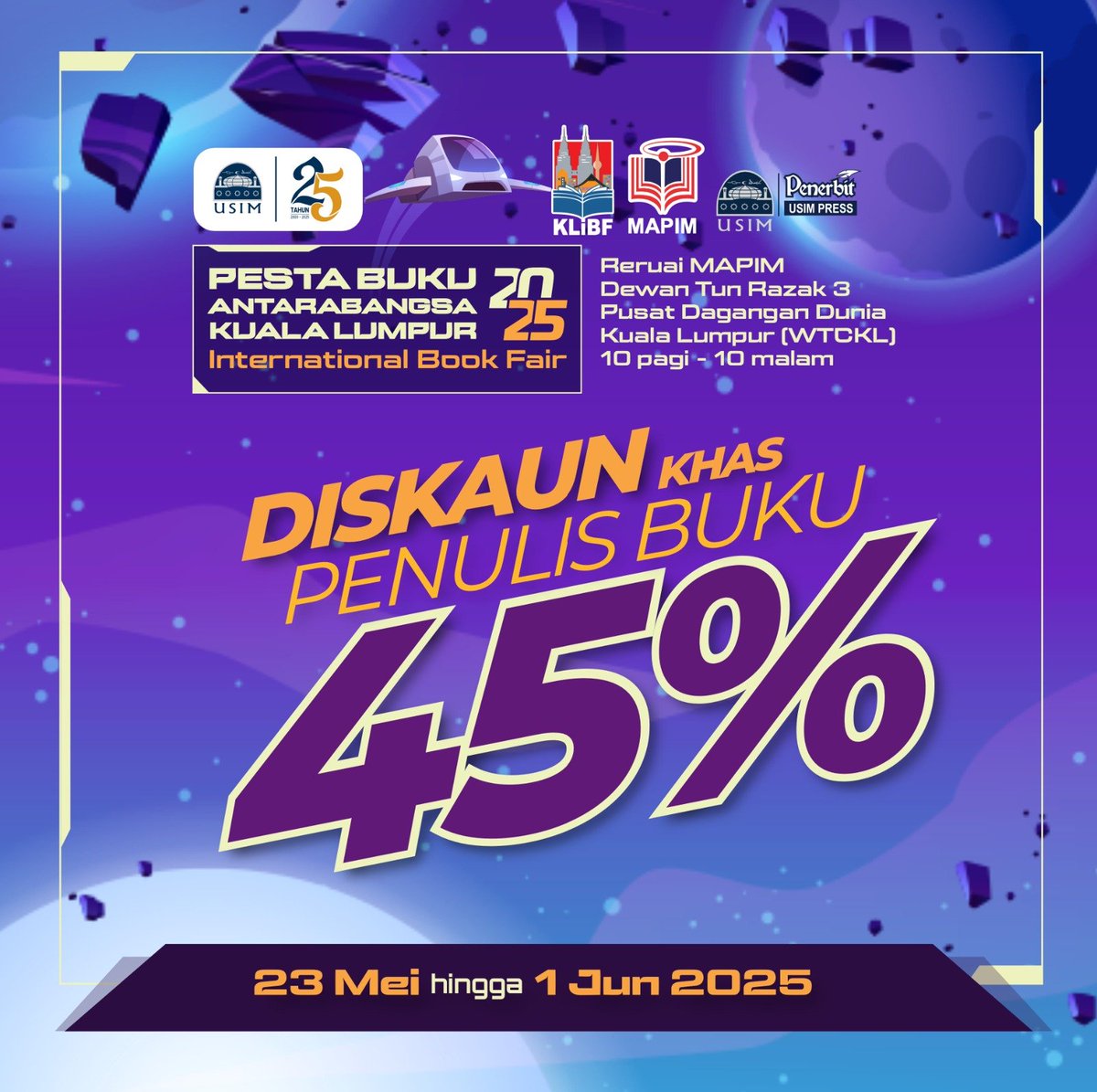 Berita baik bagi penulis yang pernah menerbitkan buku dengan Penerbit USIM. 
Anda boleh dapatkan diskaun 45% untuk pembelian buku yang diterbitkan. Tawaran sah hanya di PBAKL sahaja. 
Hubungi tim pemasaran kami untuk mendapatkan stok anda di PBAKL. Jangan nangis jika stok habis!