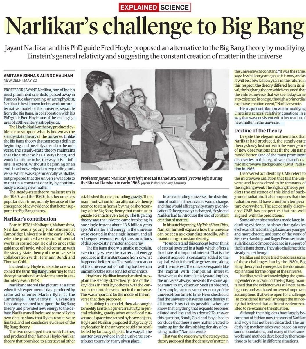 imRavikantYadav's tweet photo. #JayantNarlikar

'Narlikar's challenge to Big Bang'

:An Insightful article by Sh Amitabh Sinha &amp;Sh Alind Chauhan
@alindchauhan 

#HoyleNarlikarTheory
#SteadyStateTheoryOfUniverse
#universe #BigBangTheory
#BigBang #GRAVITY #Einstein
#Astrophysics #Space #research
#Science

#UPSC https://t.co/mpwKib32Ry