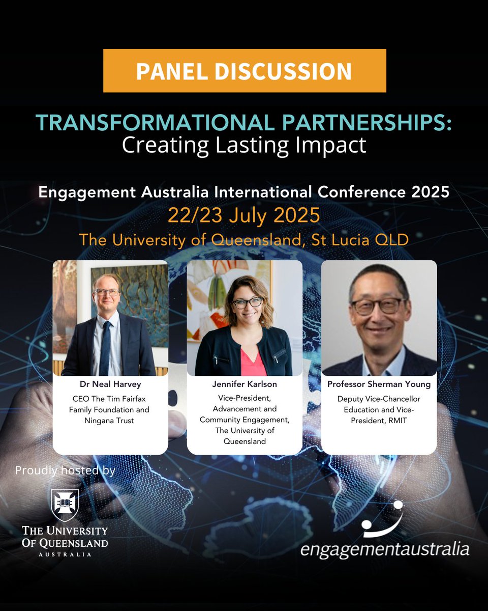 Looking to join us at our Conference on 23rd July? Hear a panel discussion on "Partnering for Social Impact" facilitated by Professor Alphia Possamai-Inesedy with panellists Dr Neal Harvey, Jennifer Karlson and Professor Sherman Young.

Learn more here &gt; engagementaustralia.org.au/engagement_eve…