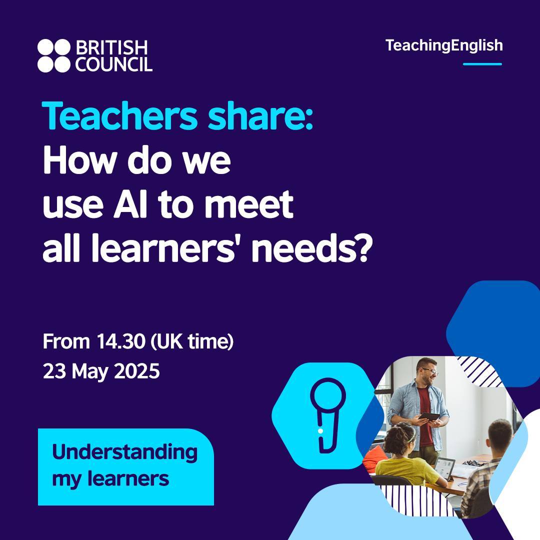 ⏳ Just 2 days to go!
Join TeachingEnglish for 3 practical sessions on using AI tools to make your classes more inclusive &amp; engaging. 🙌
📅 23 May 2025
📍 Live on Facebook or Zoom
🔗 Register: eu1.hubs.ly/H0j18FK0
#TeachingEnglish #ELT #EdTech