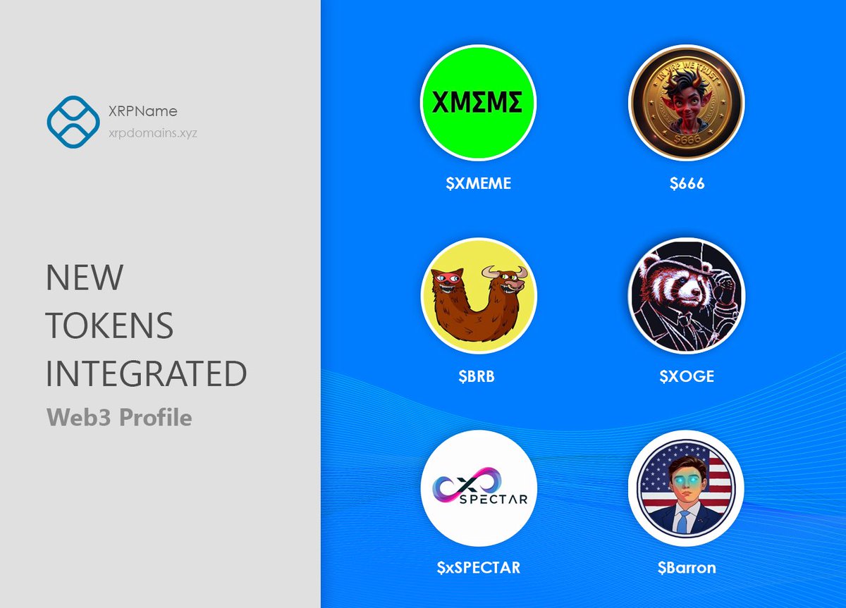 xrpname.xrp (@xrpdomain) on Twitter photo 🔥 Your #Web3 Profile just leveled up!
We’ve added 6 new tokens with live price data and full insights — all in one place:
💥 $XMEME – <a href="/xmemecoinxrpl/">XMΣMΣ</a>
💥 $666 – <a href="/666memecoin/">666 Memecoin</a>
💥 $BRB – <a href="/xbearbull/">BearBull</a>
💥 $Xoge – <a href="/ClassyXoge/">Xoge "CEO of the XRPL"</a>
💥 $xSPECTAR – <a href="/xSPECTAR/">xSPECTAR ™</a>
💥 $Barron – <a href="/BarronCoinXRPL/">Barron Coin XRPL</a>
#XRPL 🔥 Your #Web3 Profile just leveled up!
We’ve added 6 new tokens with live price data and full insights — all in one place:
💥 $XMEME – <a href="/xmemecoinxrpl/">XMΣMΣ</a>
💥 $666 – <a href="/666memecoin/">666 Memecoin</a>
💥 $BRB – <a href="/xbearbull/">BearBull</a>
💥 $Xoge – <a href="/ClassyXoge/">Xoge "CEO of the XRPL"</a>
💥 $xSPECTAR – <a href="/xSPECTAR/">xSPECTAR ™</a>
💥 $Barron – <a href="/BarronCoinXRPL/">Barron Coin XRPL</a>
#XRPL