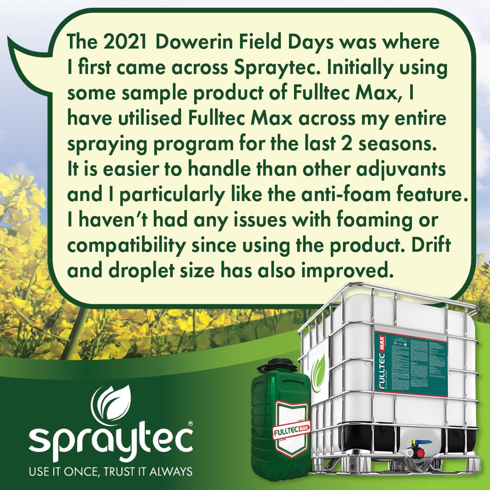 Tried once. Trusted always.

WA grower Tim Springbett runs Fulltec Max across 4,000ha of crops — for good reason!

💡 Easy use
💧 No foaming
🧪 No mix issues
⏱️ Consistent results

Find out more at spraytec.com.au

#TestimonialTuesday #FulltecMax #SmartSpraying #AussieAg