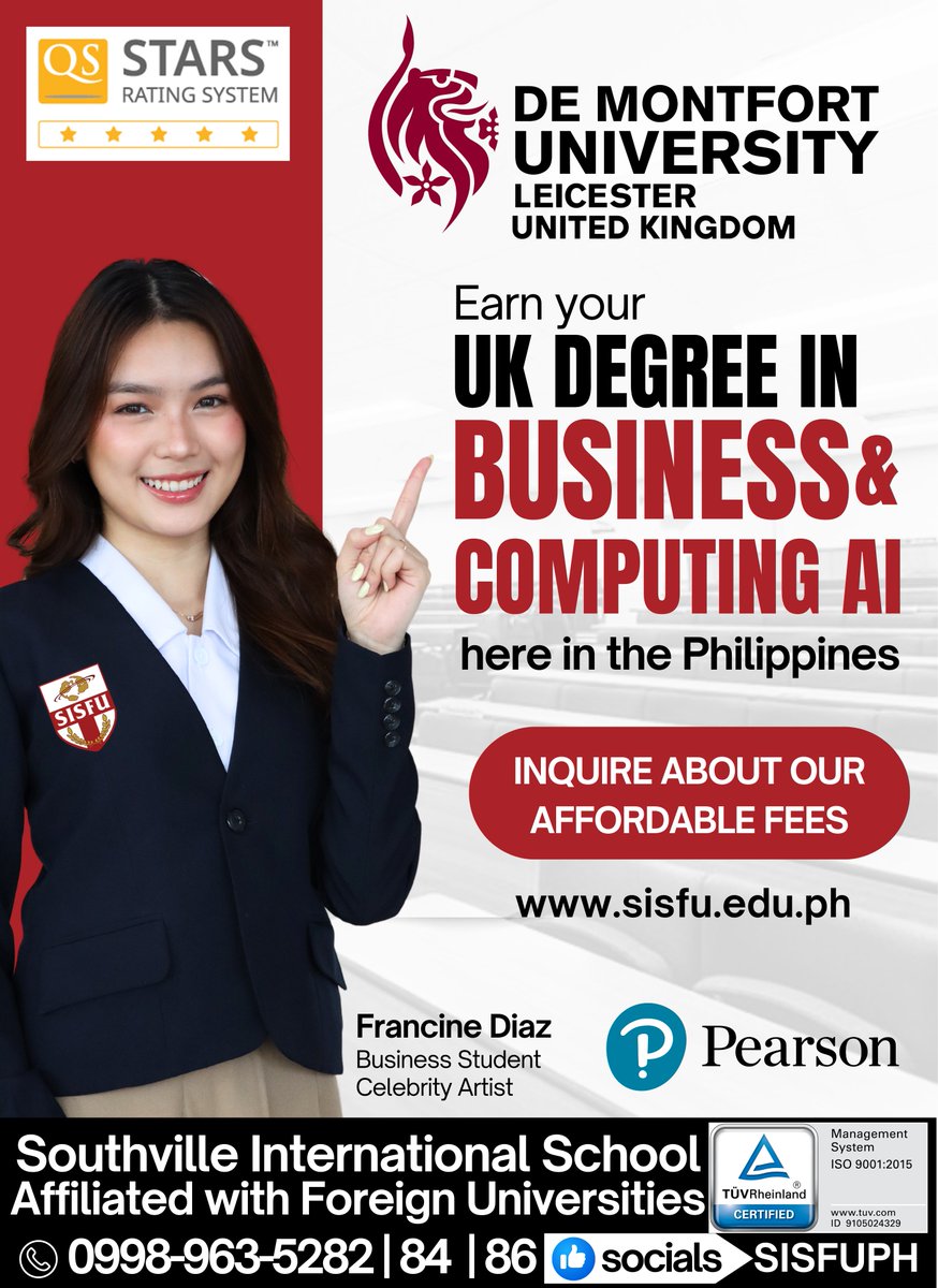 SISFUph's tweet photo. World-class UK education is now more affordable at SISFU! Reduced tuition brings global credentials within reach for aspiring students. Enroll now!
Read more: https://t.co/Pgtib8Bctf
Inquire Now! https://t.co/6wXMQJuekT
#SISFU #AdmissionsOpen #DemontfortUniversity #PearsonUK https://t.co/PdJlPooJur